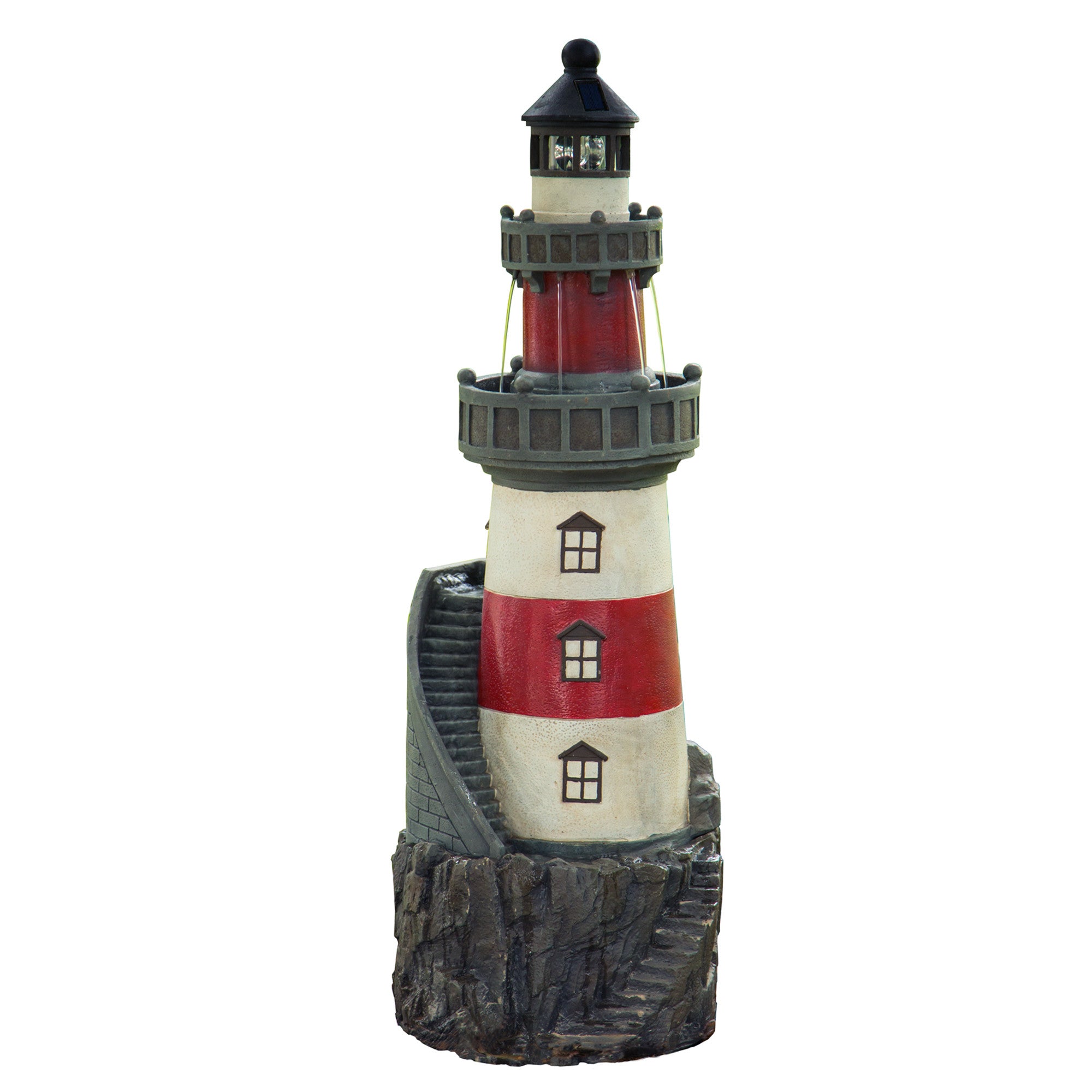 Teamson Home Outdoor Solar Light House Fountain with Rotating LED Light, Red/White
