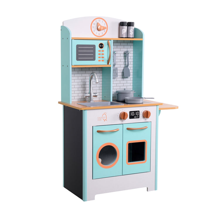 Teamson Kids Little Chef Santos Retro Wooden Kitchen Playset, Aqua/White with retro design in pastel colors and interactive features, and side chalkboard panels.