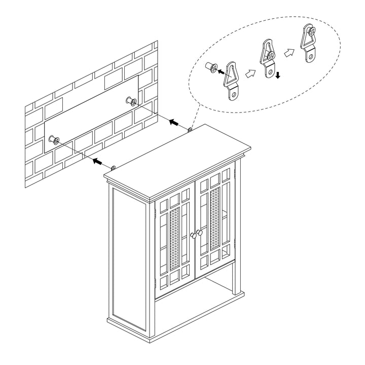 Diagram of the temporary installation of the Teamson Home Dark Espresso Windsor Removable Wall Cabinet with Glass Mosaic Doors