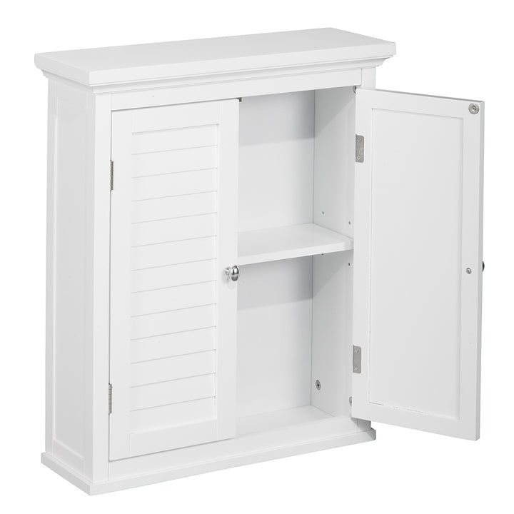 Teamson Home White Glancy Wall Cabinet with Louvered Doors with a door open to reveal the adjustable internal shelf
