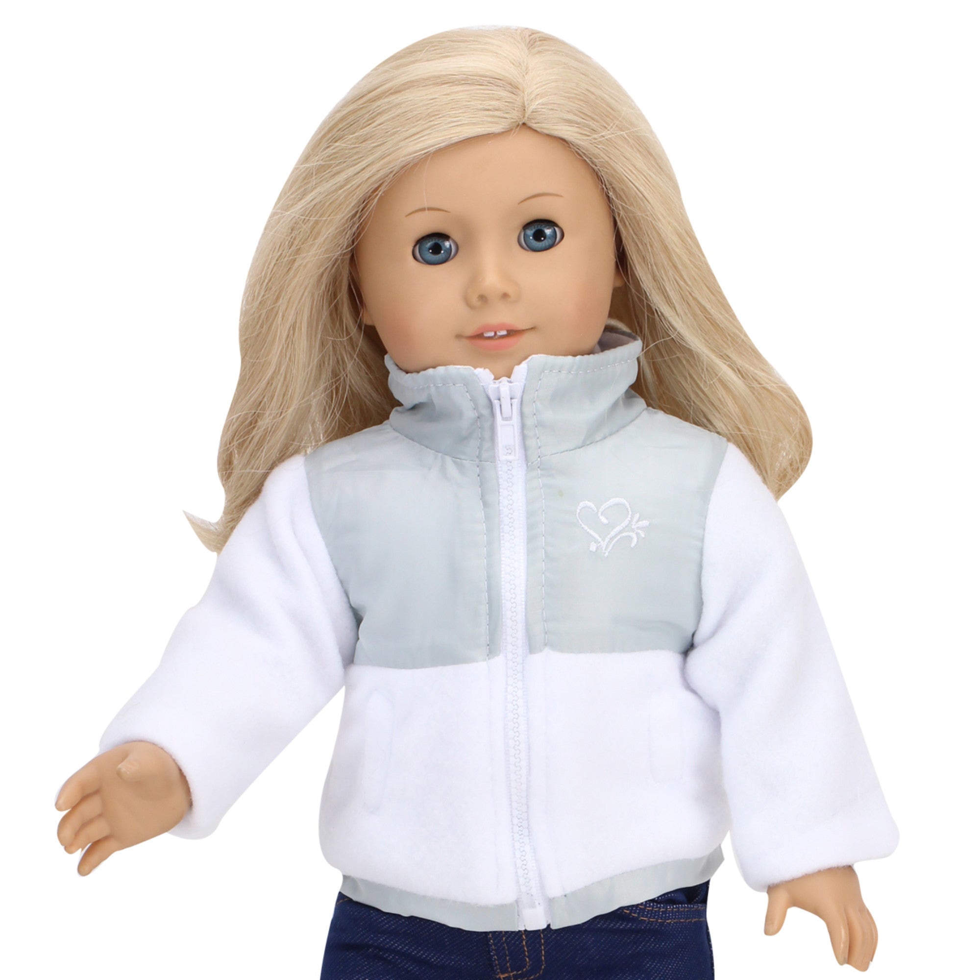 Sophia’s Super-Cute Soft Fleece & Metallic Nylon Two-Tone Seasonal Winter Ski Jacket for 18” Dolls, White/Silver