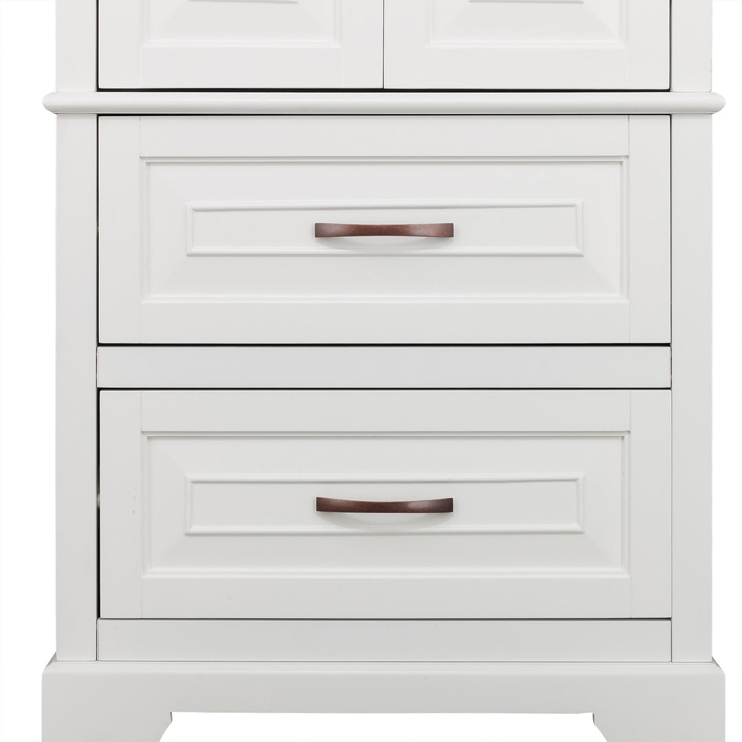 Teamson Home St. James Wooden Linen Tower Cabinet with 2 Drawers, White with metal handles.