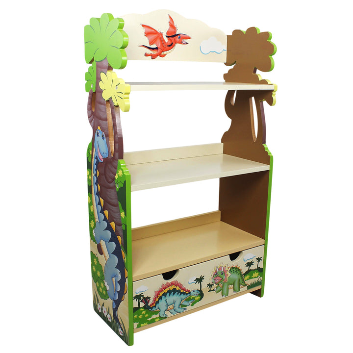 Dinosaur-themed bookshelf with a brontosaurus, pterydactl, triceritops, and stegosaurs multicolored and  illustrated  on the shelving unit.