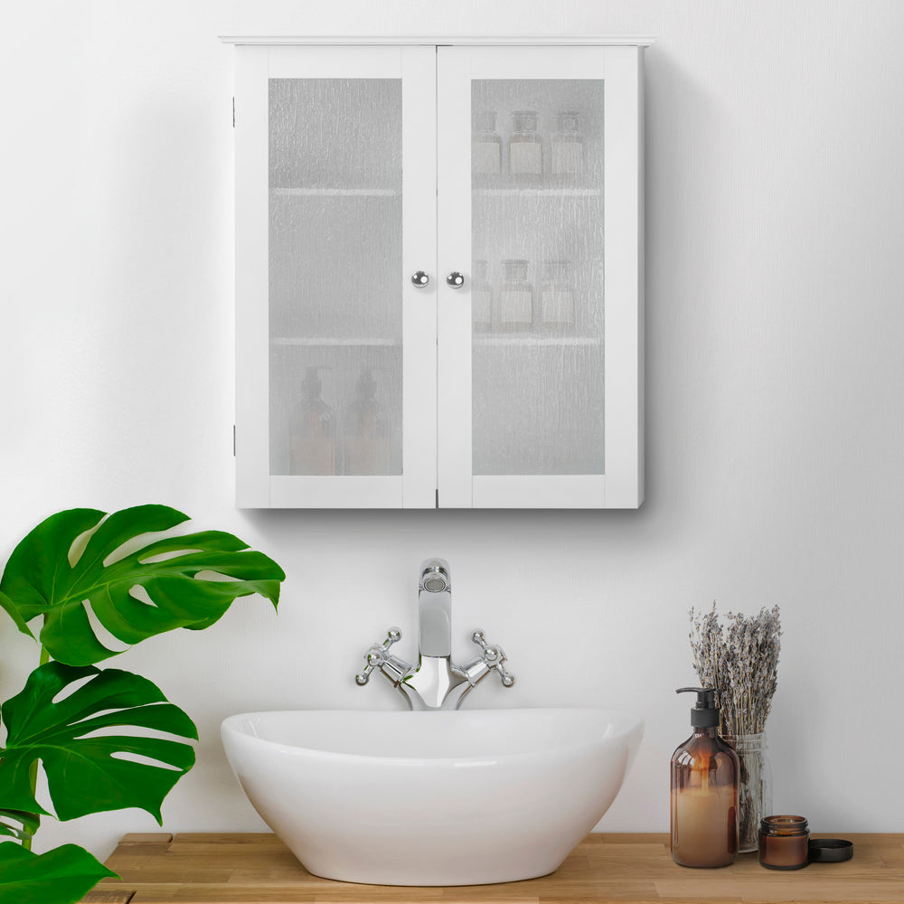 Teamson Home White Connor Removable Wall Cabinet with Water-Textured Glass above a contemporary sink