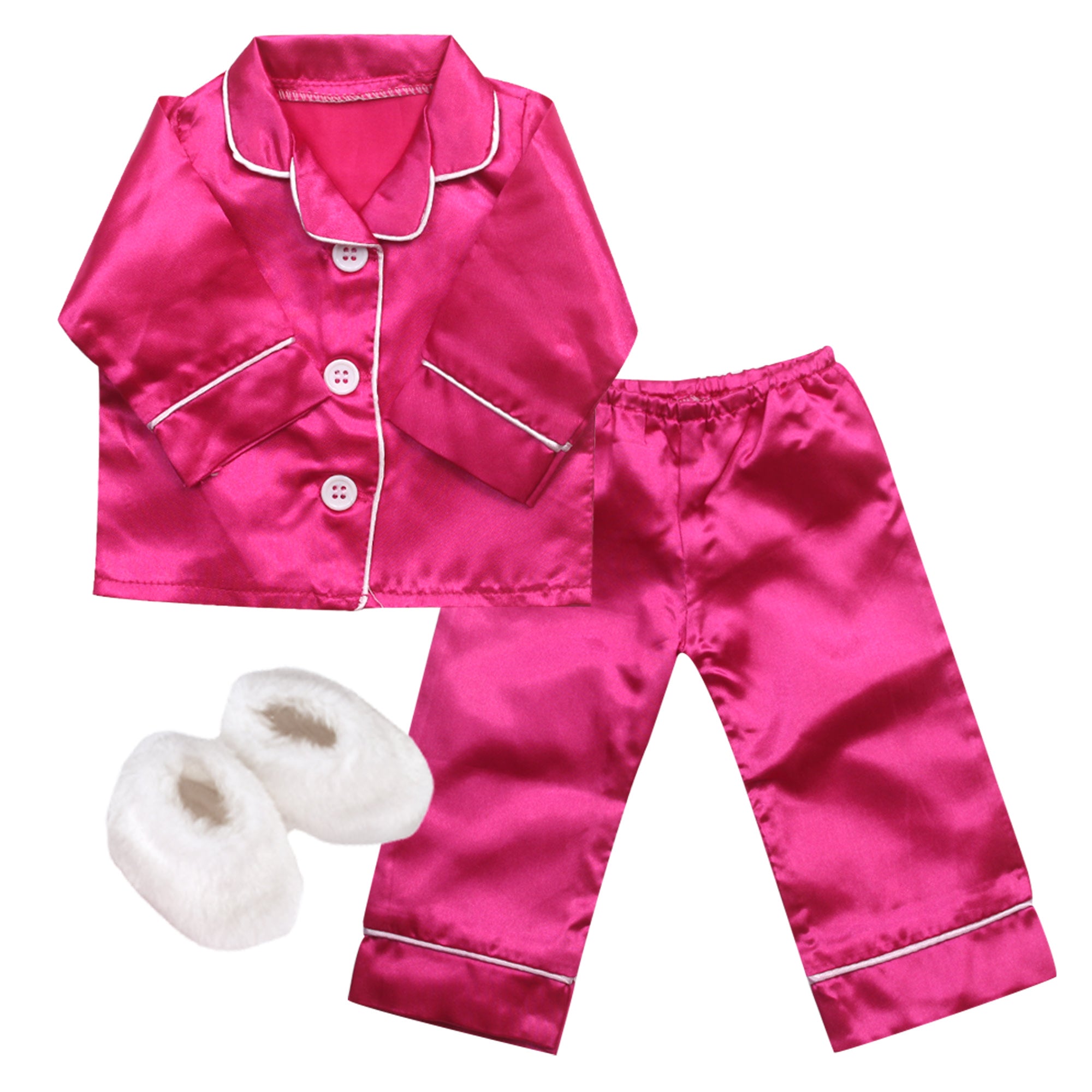 Sophia's 3 Piece Satin Pajama Set with Slippers for 18" Dolls, Hot Pink