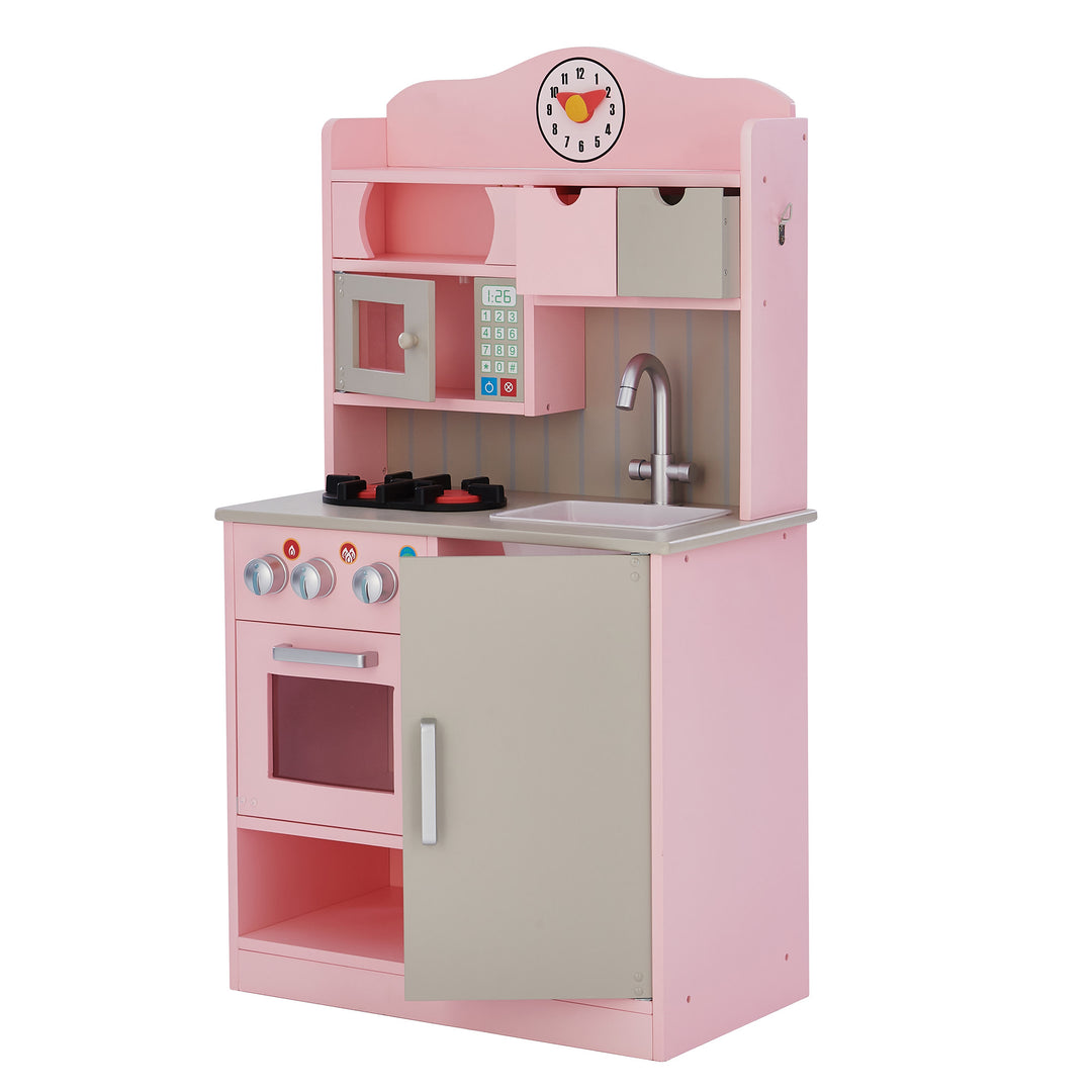 A Teamson Kids Little Chef Florence Classic Play Kitchen, Pink/Gray with an oven, stove, sink, and clock.