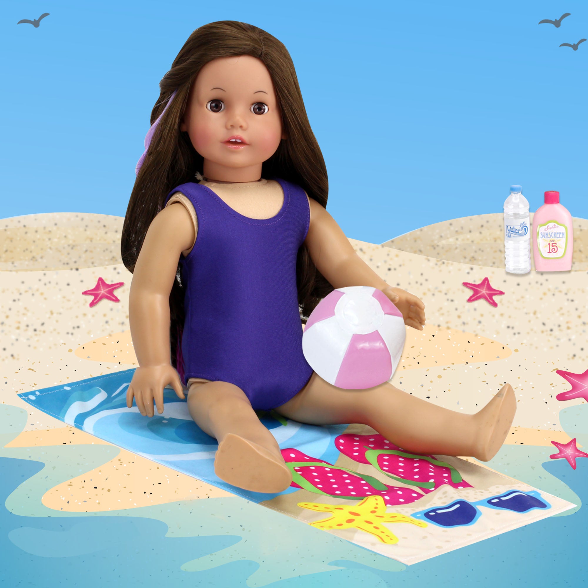 Sophia’s Beach Day Play Set with Bathing Suit, Towel, Water Bottle, Sunscreen, & Inflatable Beach Ball for 18” Dolls