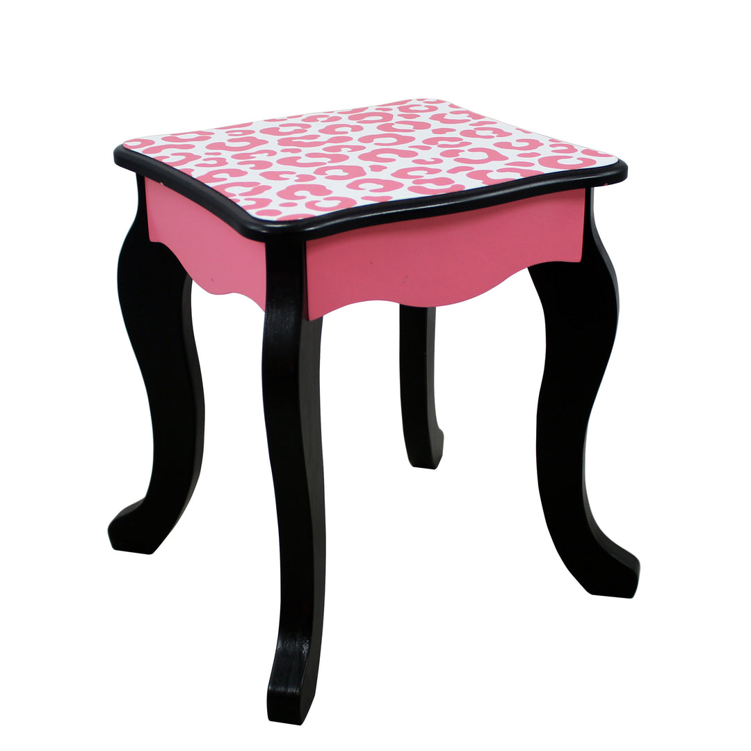 A Fantasy Fields Gisele Leopard Print Vanity Playset, Pink / Black end table with a leopard print.