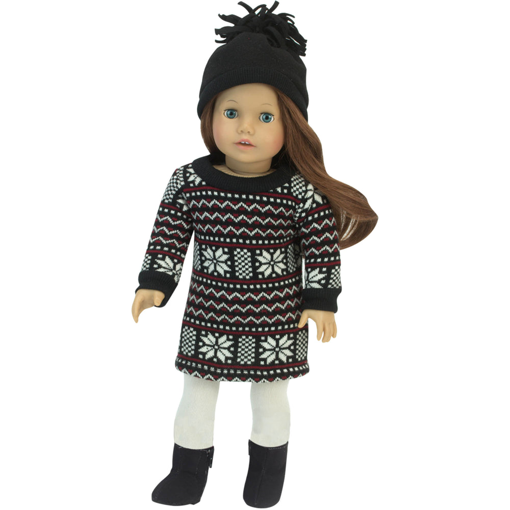 Sophia’s Long-Sleeved Knit Fair Isle Pattern Dress, Hat with Pom-Pom, & Tights Complete Outfit Set for 18” Dolls, Black/White