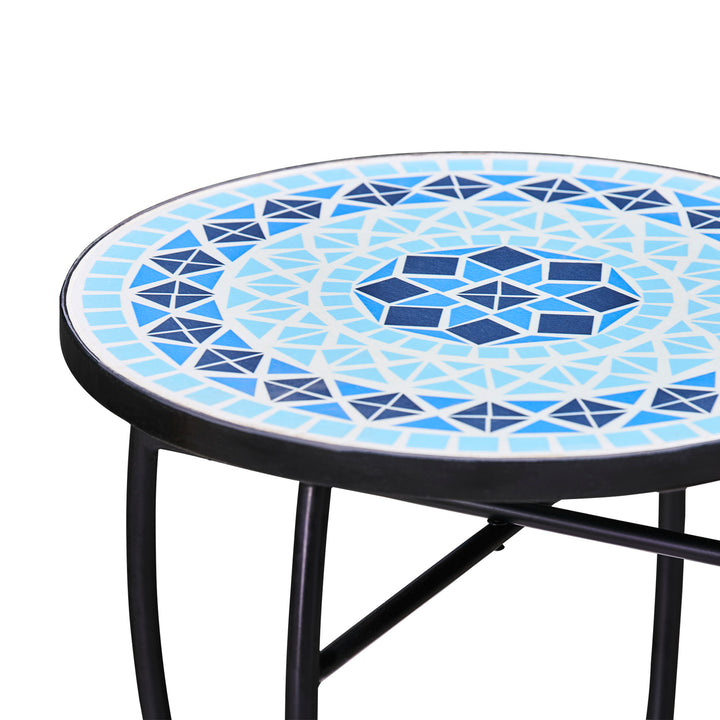 A view of the top of the Teamson Home Small 14" Round Outdoor Mosaic Side Table Planter Stand, Blue