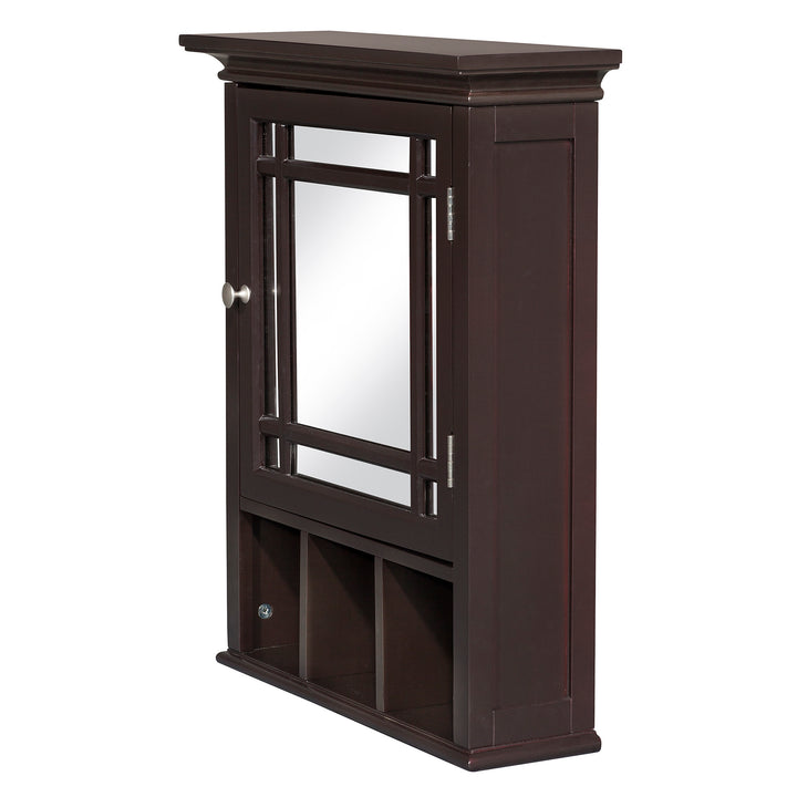 A side view of a Teamson Home Espresso Neal Mirrored Medicine Cabinet with open shelving