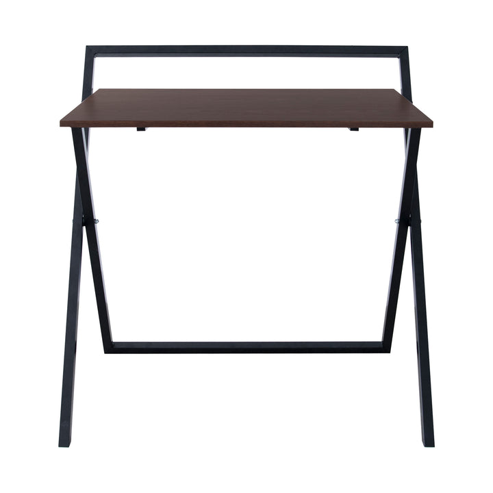 A view from the front of the Teamson Home Folding Wooden Computer Desk with Metal Base, Walnut finish/Black