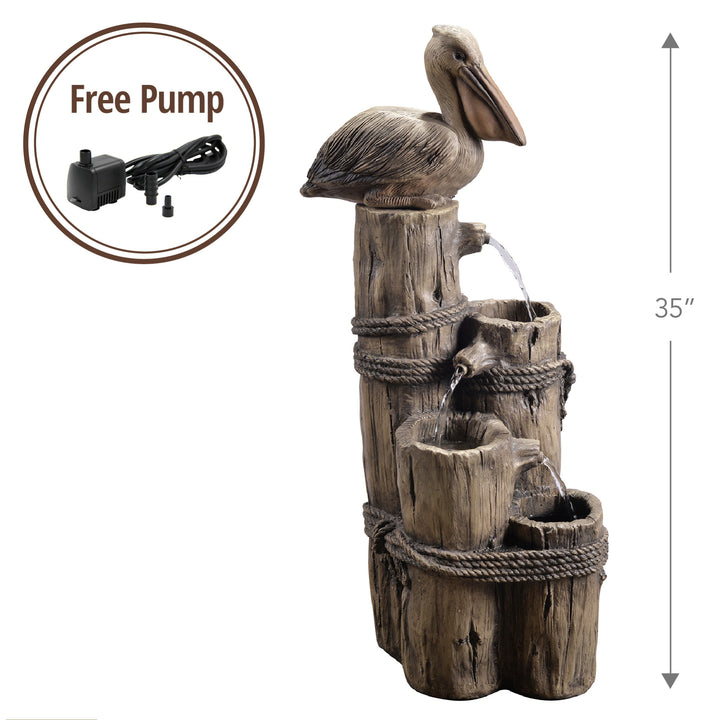 Teamson Home Outdoor Tiered Pelican and Wooden Post Waterfall Fountain, Brown