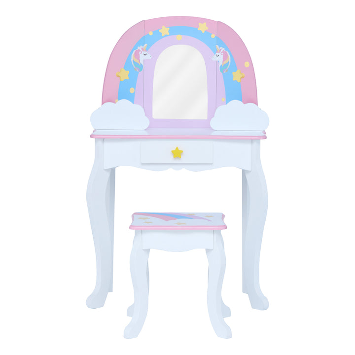 A white vanity table and stool with a rainbow, unicorns, stars, and a mirror.