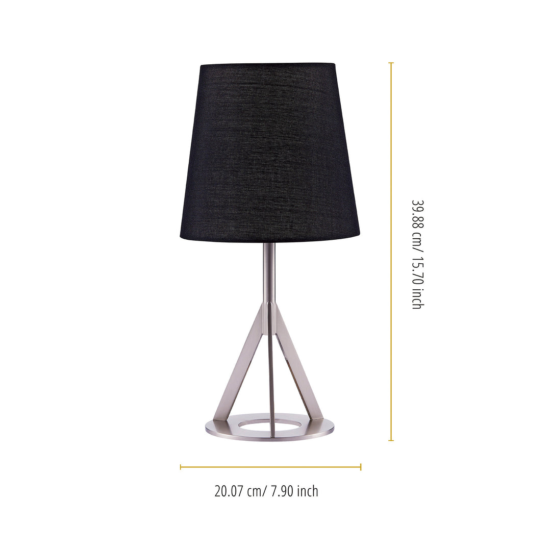 Dimensions in inches and centimeters of the Teamson Home's Aria 15" table lamp with a black linen-like shade and a geometric base in nickel.