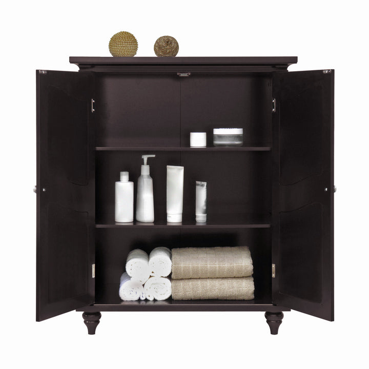 Teamson Home Versailles Dark Espresso Floor Cabinet with open doors and bath towels and personal items on the shelves
