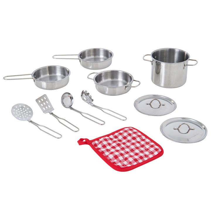 A Teamson Kids 11 Piece Little Chef Frankfurt Stainless Steel Cooking Accessory Set designed for kids, including pots, lids, and interactive tools alongside a red and white checkered potholder.