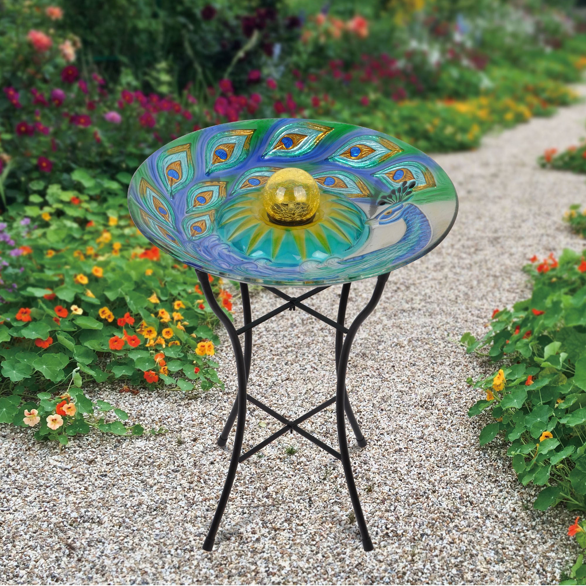 Teamson Home 18" Outdoor Solar Glass Peacock Birdbath with LED Lights and Stand, Multicolor