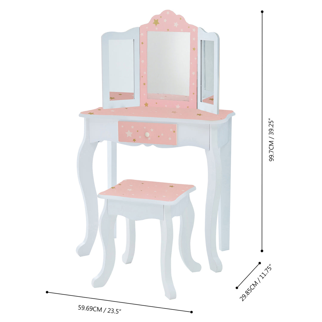 The dimensions in inches and centimeters of a pink and white Fantasy Fields Gisele Play Vanity Set with Mirrors, Pink/White with a mirror and stool.