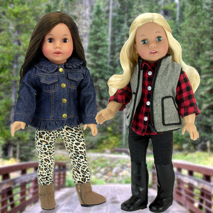 A brunette doll in a denim jacket, leopard-print leggings and brown boots next to a blond doll with gray herringbone vest, red buffalo check shirt, dark denim leggings and black knee-high boots.