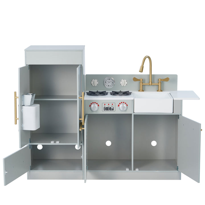 Teamson Kids Little Chef Charlotte Modern Play Kitchen, Silver Gray/Gold with sink, stove, and storage compartments, isolated on a white background.