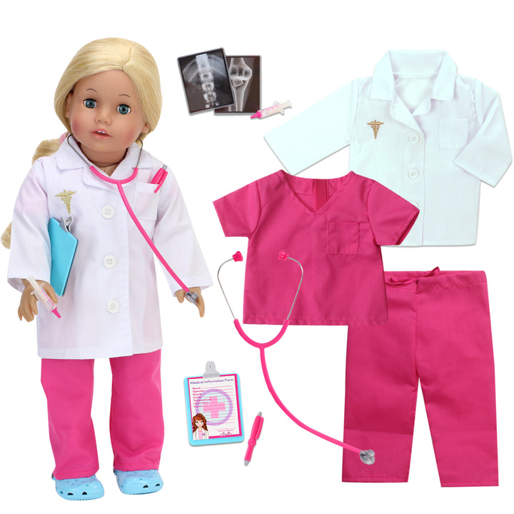 A blonde 18" doll with blue eyes dressed in pink scrubs and a white lab coat with a stethoscope, syringe, clipboard, pen and two x-rays.