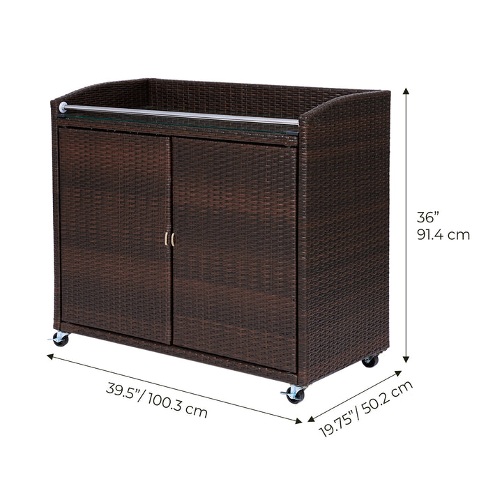 Dimensions in inches and centimeters of Teamson Home Veronica Portable Brown PE Rattan Outdoor Bar Cart