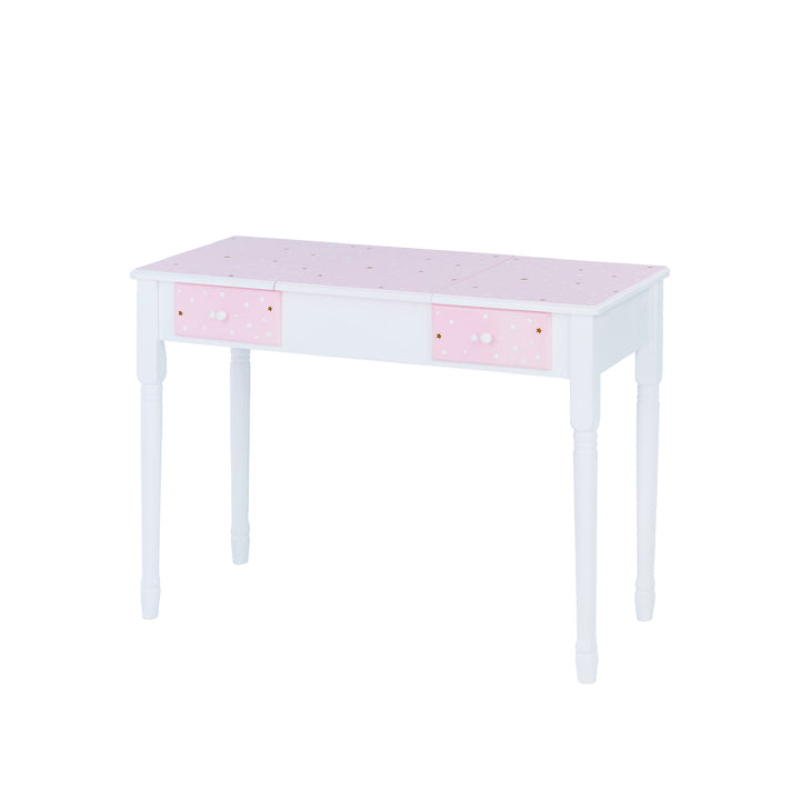 A white and pink Fantasy Fields Kids Kate Twinkle Star Vanity Set with Foldable Mirror and Chair, Pink/White dressing table with two drawers.