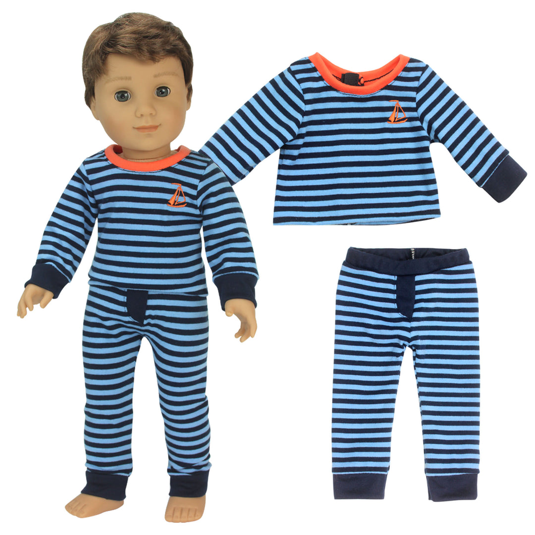 A 18" boy doll dressed in a navy and light blue striped pajama set.