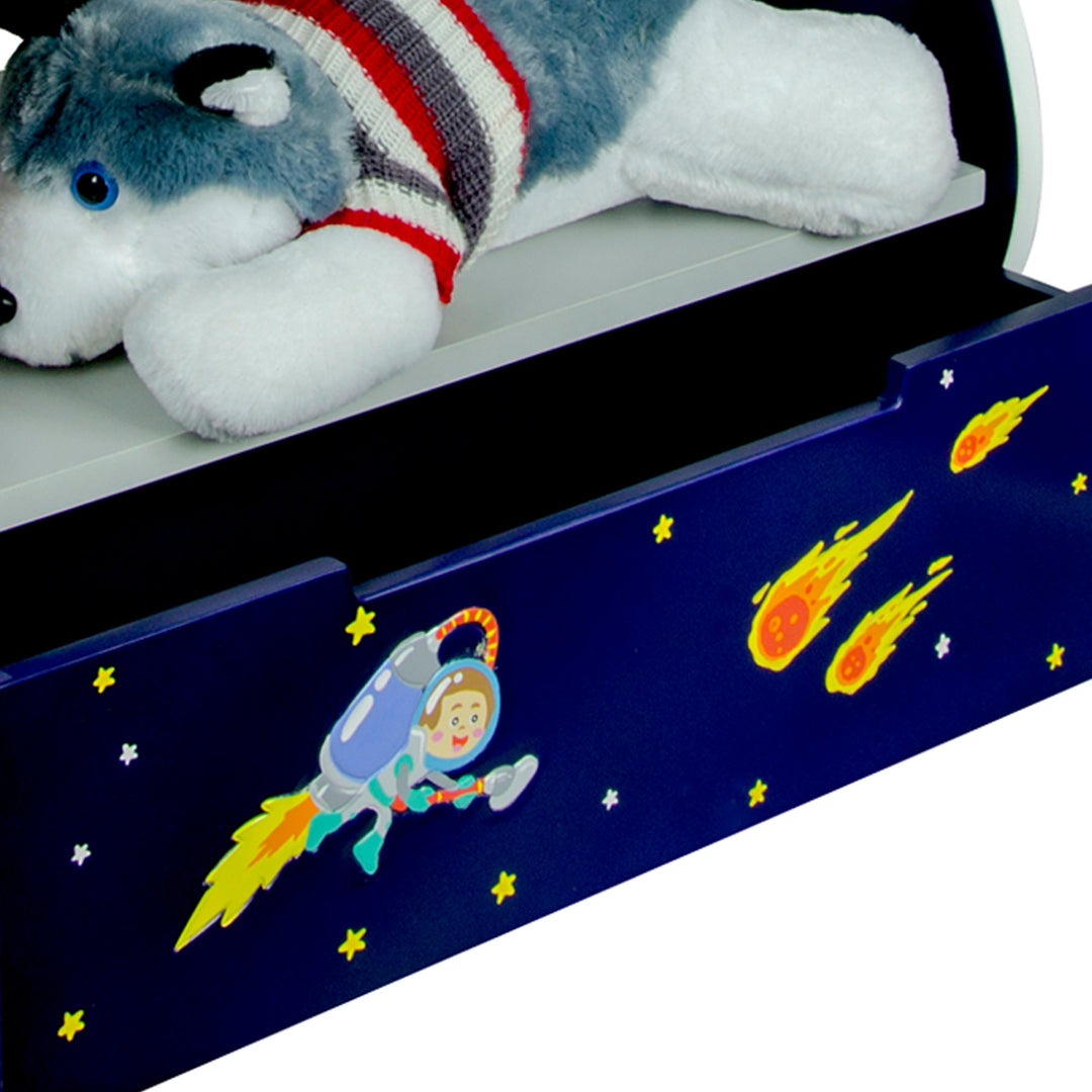 Close-up of the bottom drawer with an astronaut and three comets on the front.