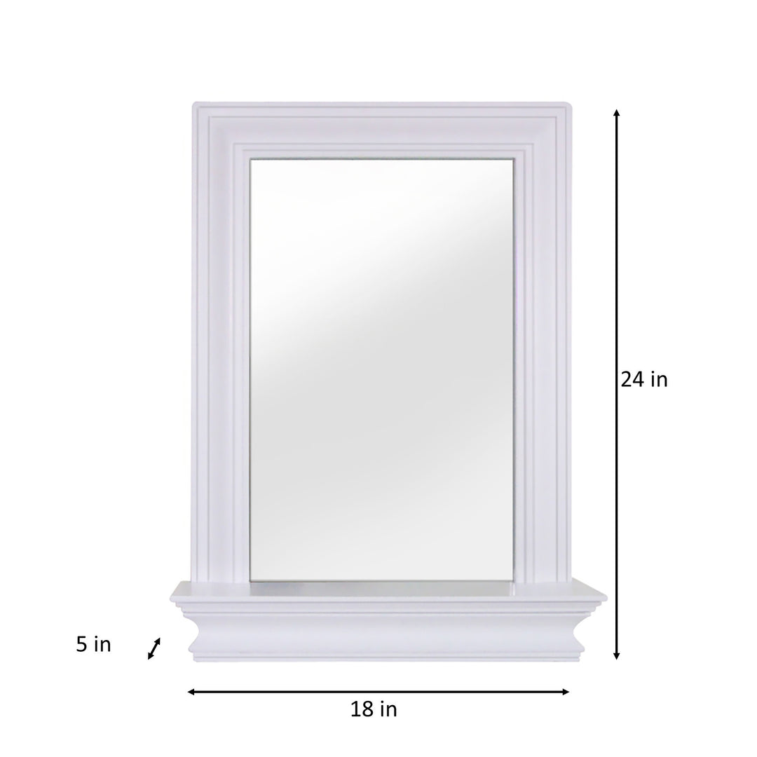 A Teamson Home Stratford Wall Mirror with Shelf, White with measurements in inches and centimeters.