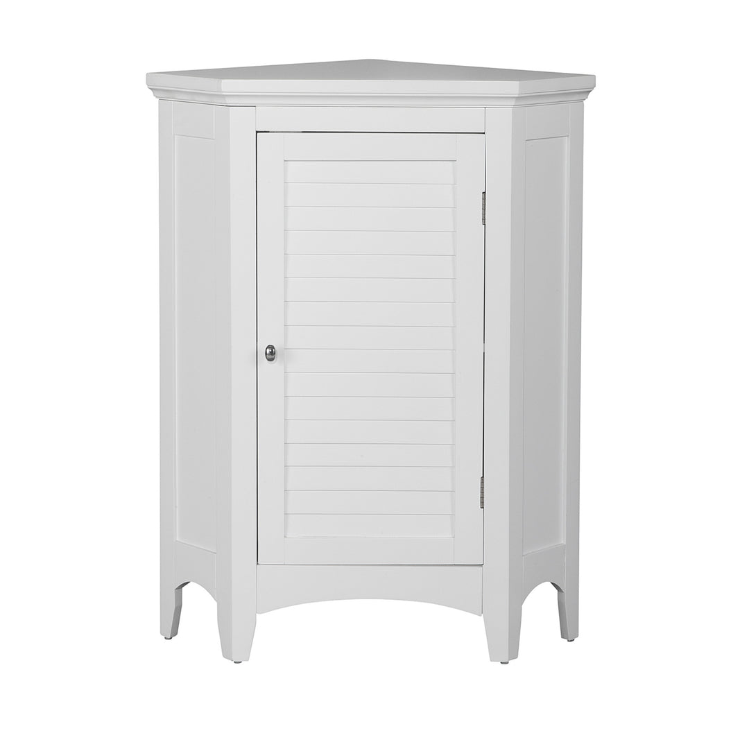 White Glancy Corner Floor Cabinet with Louvered Door, Chrome Knob