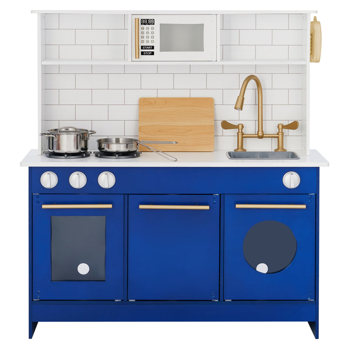 Modern kitchen setup with a blue cabinet, white countertop, and gold hardware designed for the little chef with Teamson Kids Little Chef Berlin Play Kitchen with Cookware Accessories, White/Blue.