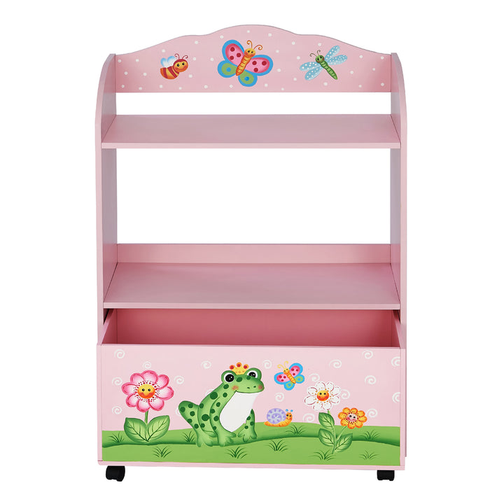 A picture of the pink toy organizer with the storage drawer pulled out and open.