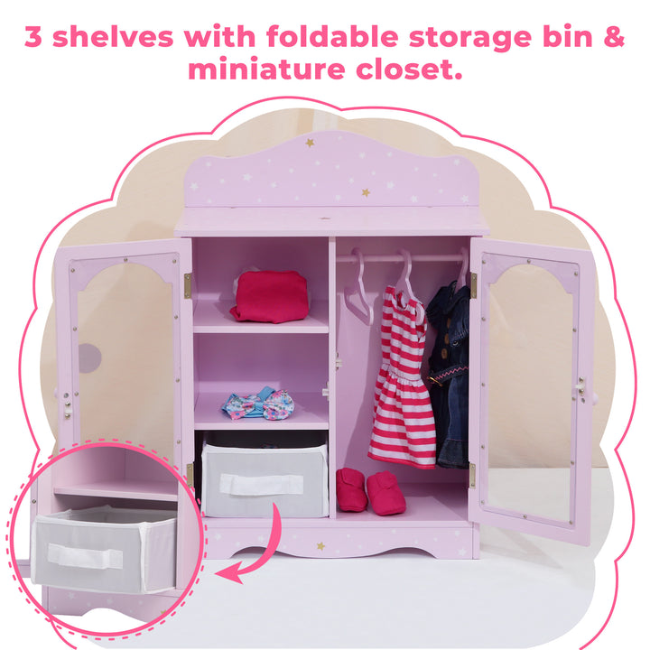 an 18" doll purple closet with white and gold stars, 3 hangers and three shelves and a canvas bin with the caption, "3 shelves with foldable storage bin & miniature closet.