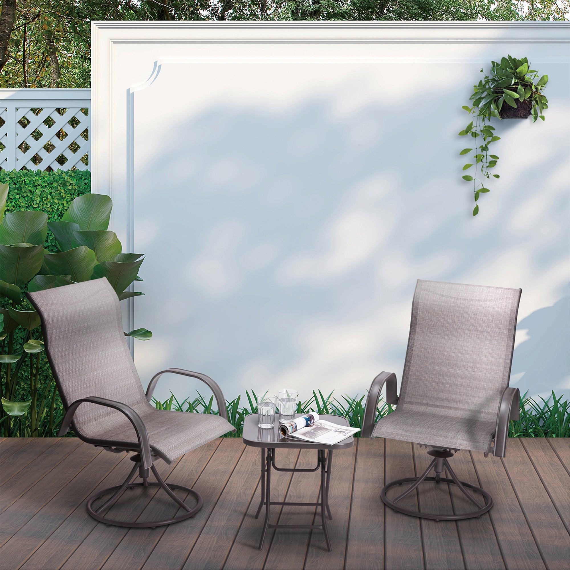 Teamson Home Indoor Outdoor 3 Piece Steel Bistro Table with Swivel Chairs Set Tan