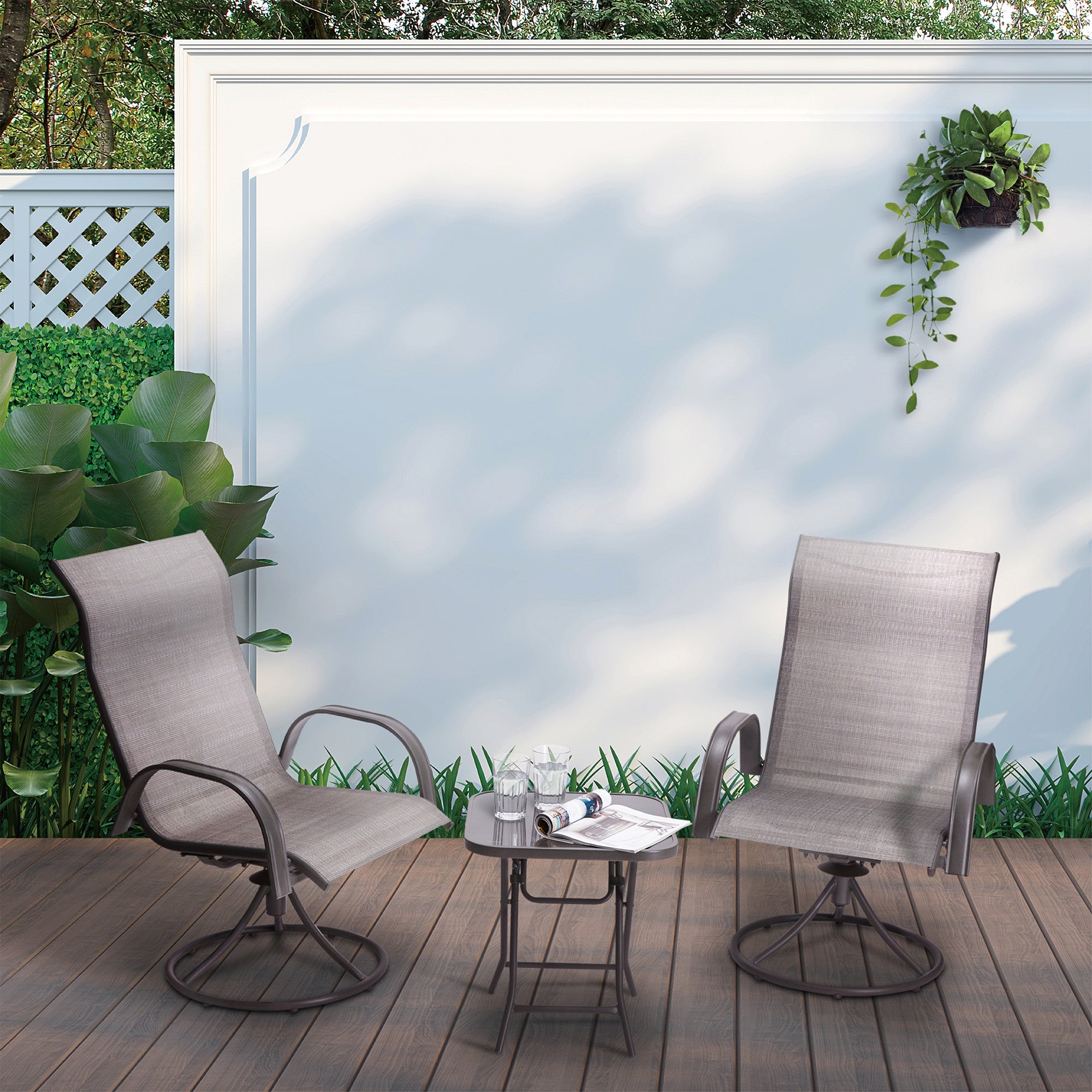 Teamson Home Indoor/Outdoor Steel Swivel 3 Piece Bistro Table and Chairs Set, Tan