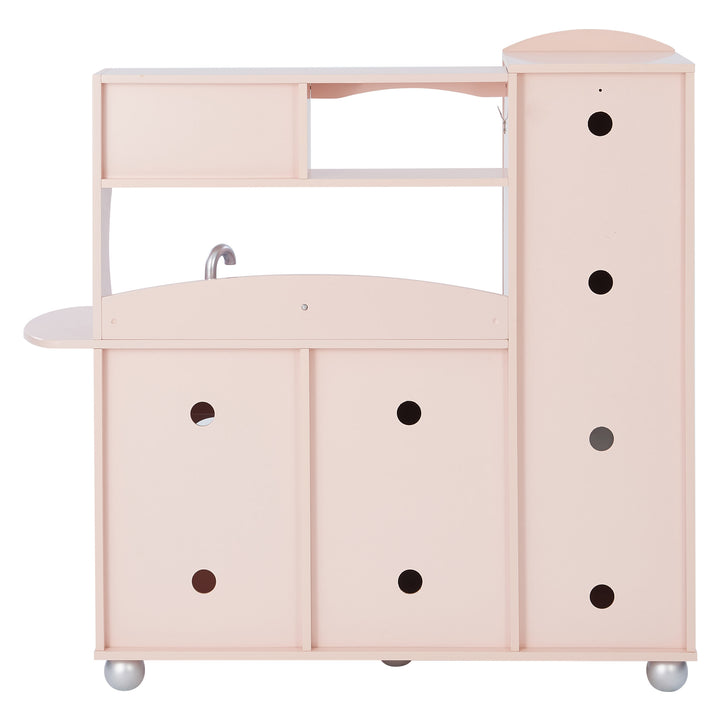 Teamson Kids Little Chef Westchester Retro Play Kitchen, Pink with cabinets, a sink, stove details, and interactive features on wheels.