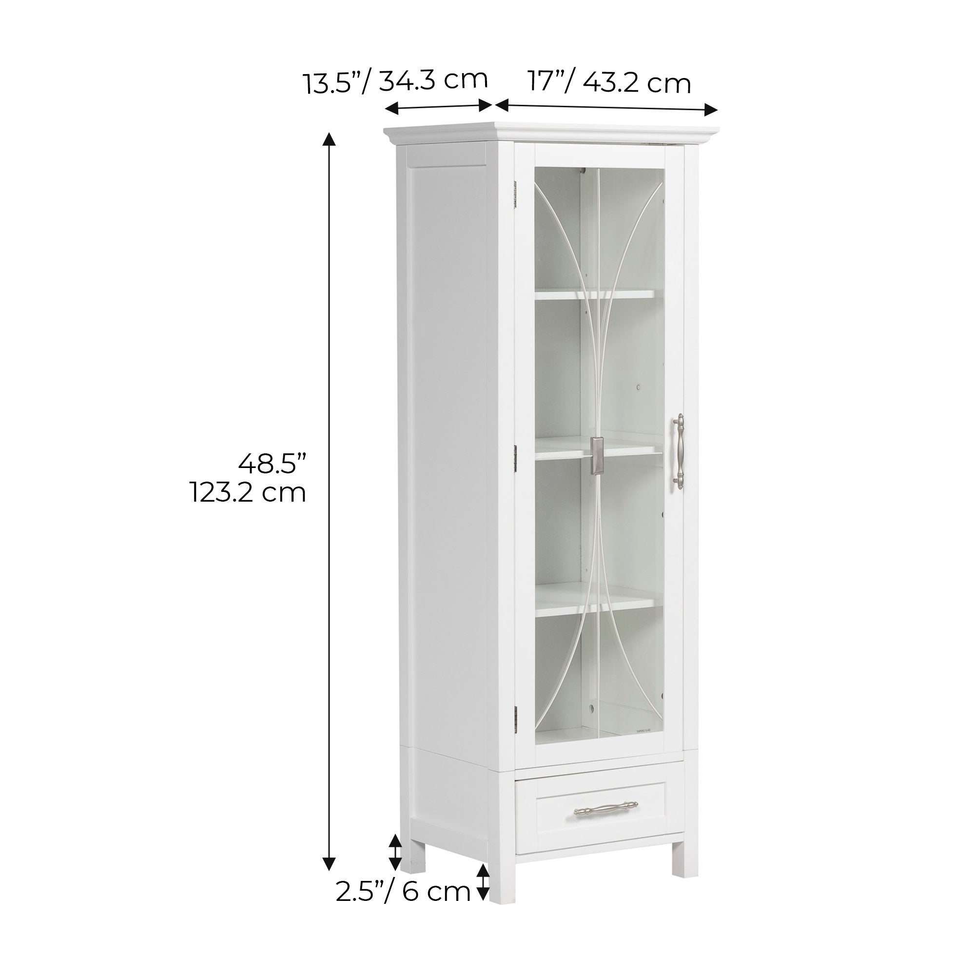 Teamson Home Delaney Free Standing Tall Slim Linen Storage Cabinet Tower with Glass Panel Door