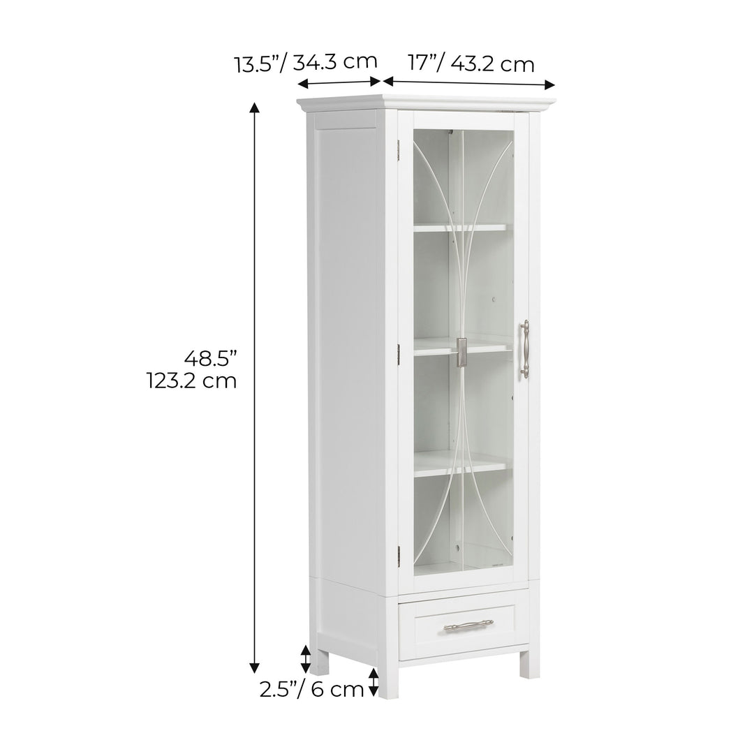 Dimensions in inches and centimeters of a White Teamson Home Delaney Free Standing Tall Linen Cabinet Tower with Glass Panel Door with a Storage Drawer