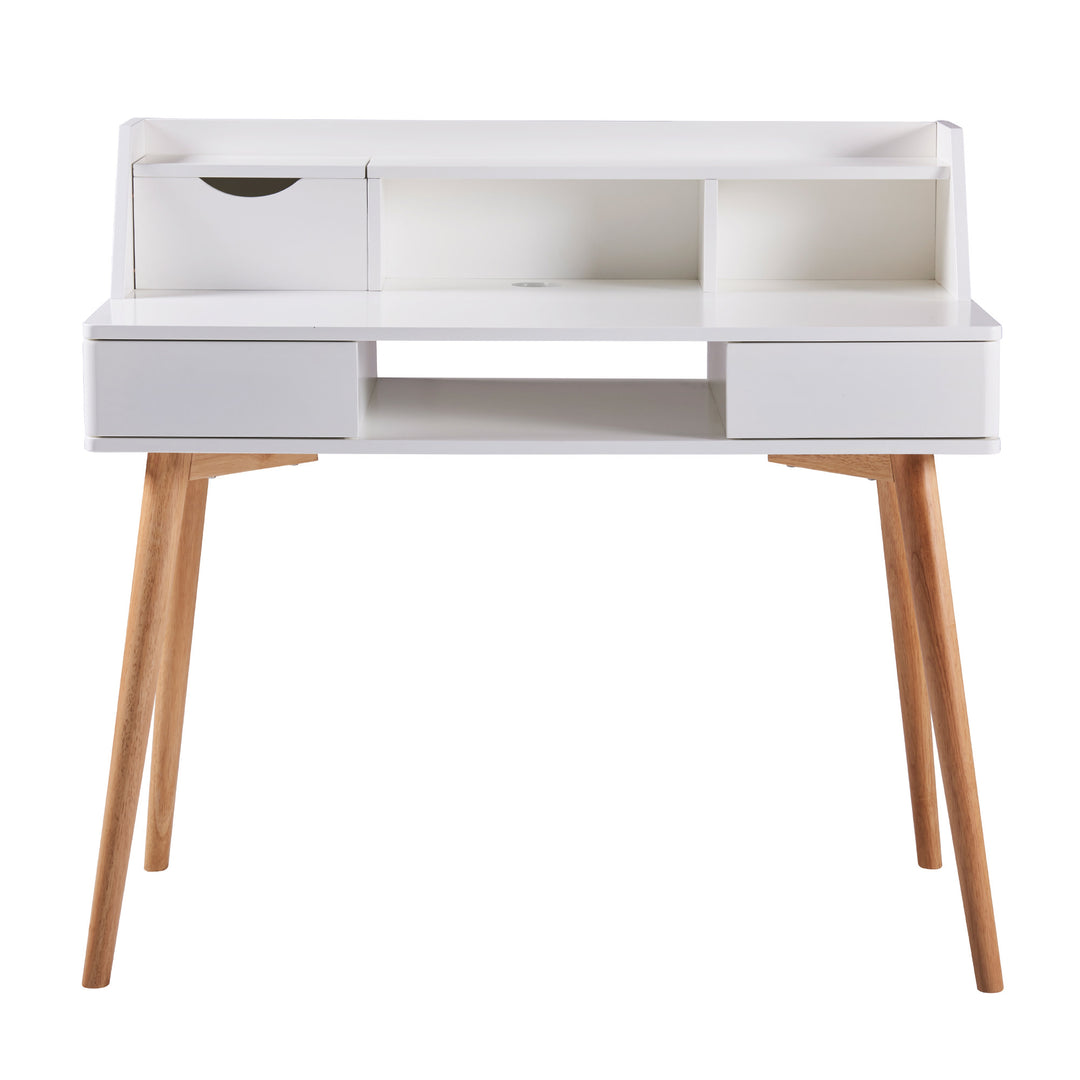 A Teamson Home Creativo Wooden Writing Desk with Storage, White/Natural with wooden legs and storage.
