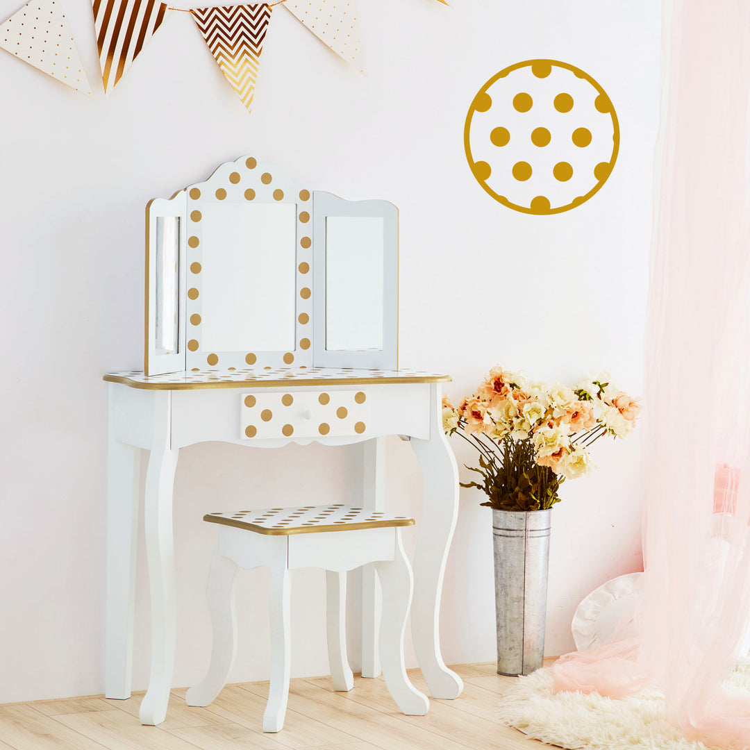 A Teamson Kids Gisele Polka Dot Vanity Playset, White / Gold with a stool.