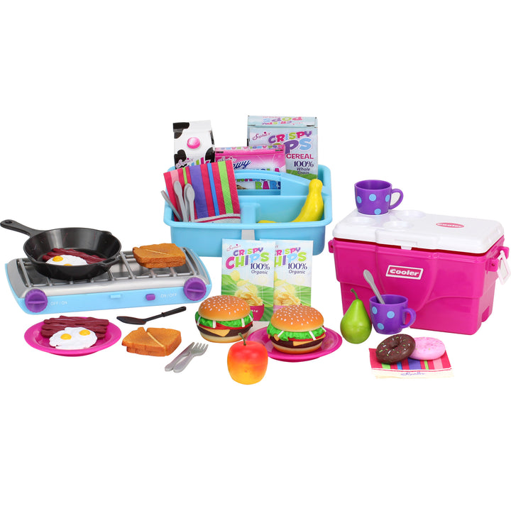 A collection of available food accessories for 18" dolls including the camp stove set, a grocery set, and a cooler set.