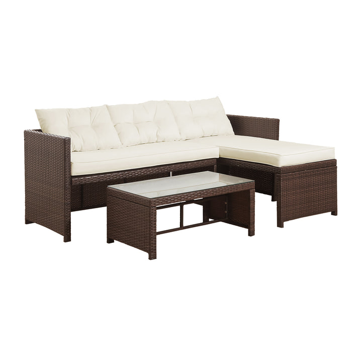 Teamson Home Outdoor 3-Piece PE Rattan Patio Sectional Set with white weather-resistant cushions
