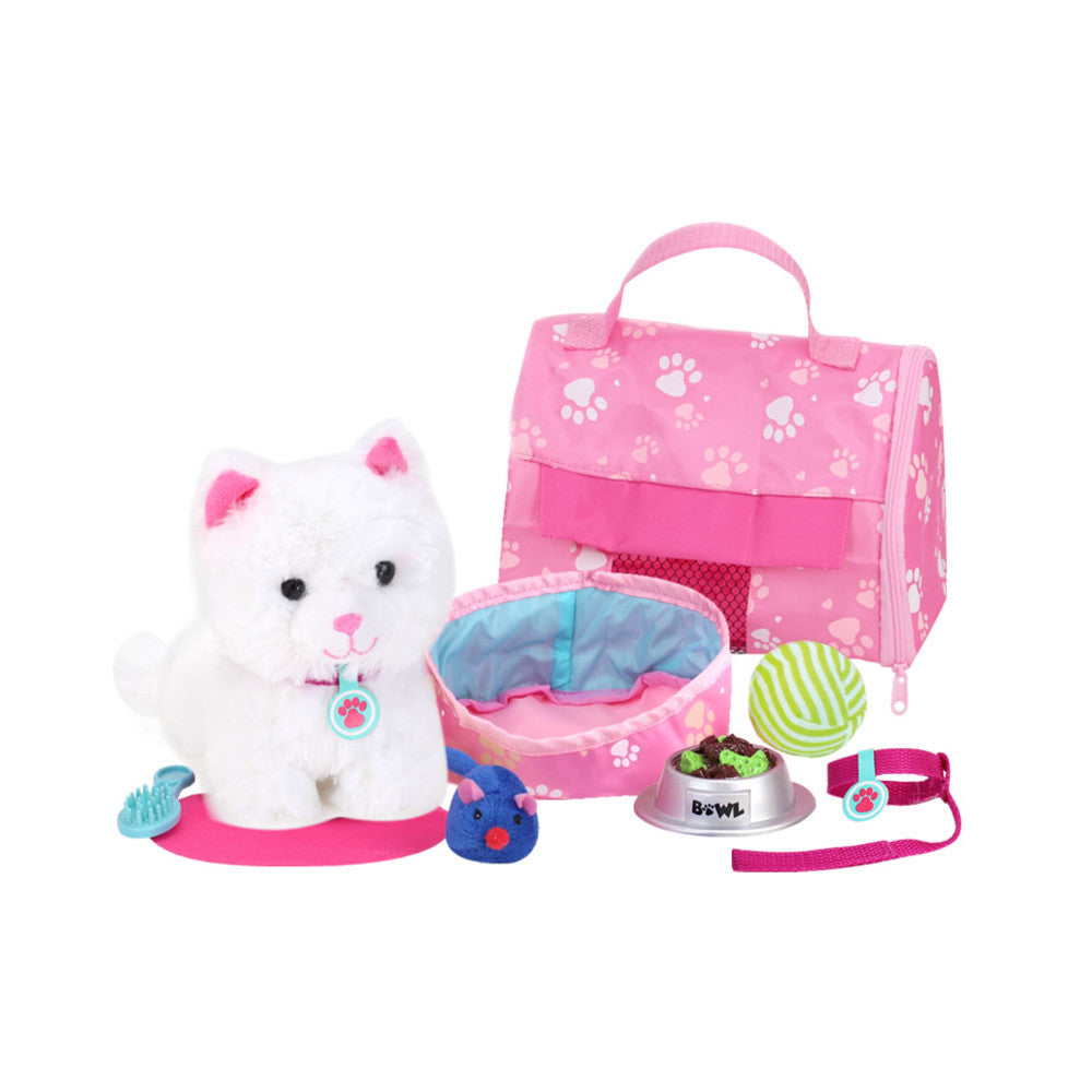 A pretend white kitten with a carrier, pet bed, ball, bowl of faux food, leash, mouse, pad and brush sized as a companion for 18" dolls.