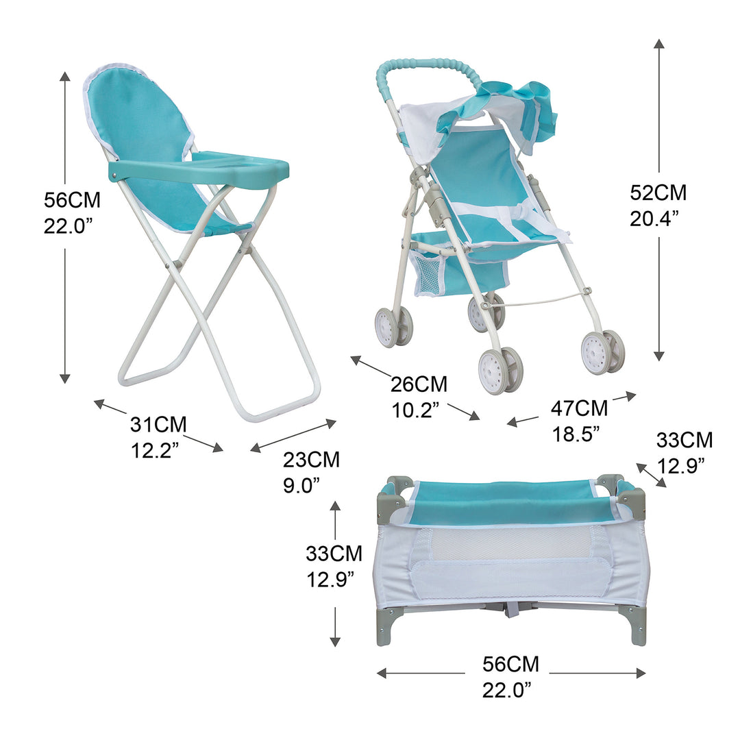 Dimensions listed in inches and centimeters for a Baby Doll Nursery Set, Blue/White featuring a high chair, a stroller, and a crib.