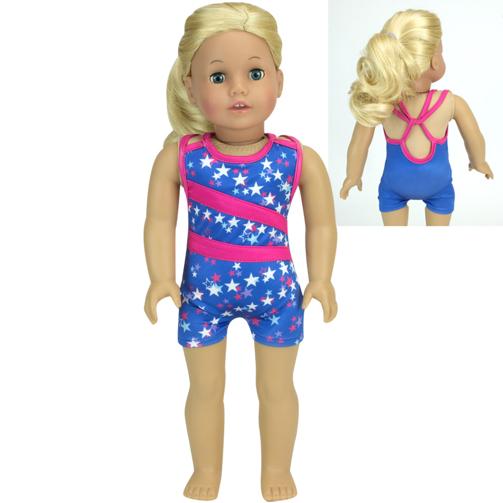 Sophia’s Star Print Gymnastics Leotard & Oversized Matching T-Shirt Complete Athletic Outfit Set for 18” Dolls, Blue/Hot Pink