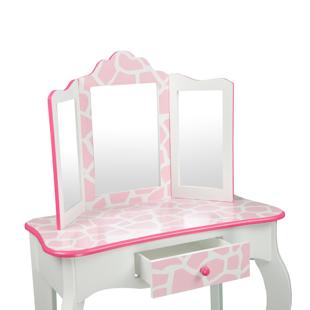A Fantasy Fields Gisele Giraffe Prints Play Vanity Set in pink/white with mirror and drawers.