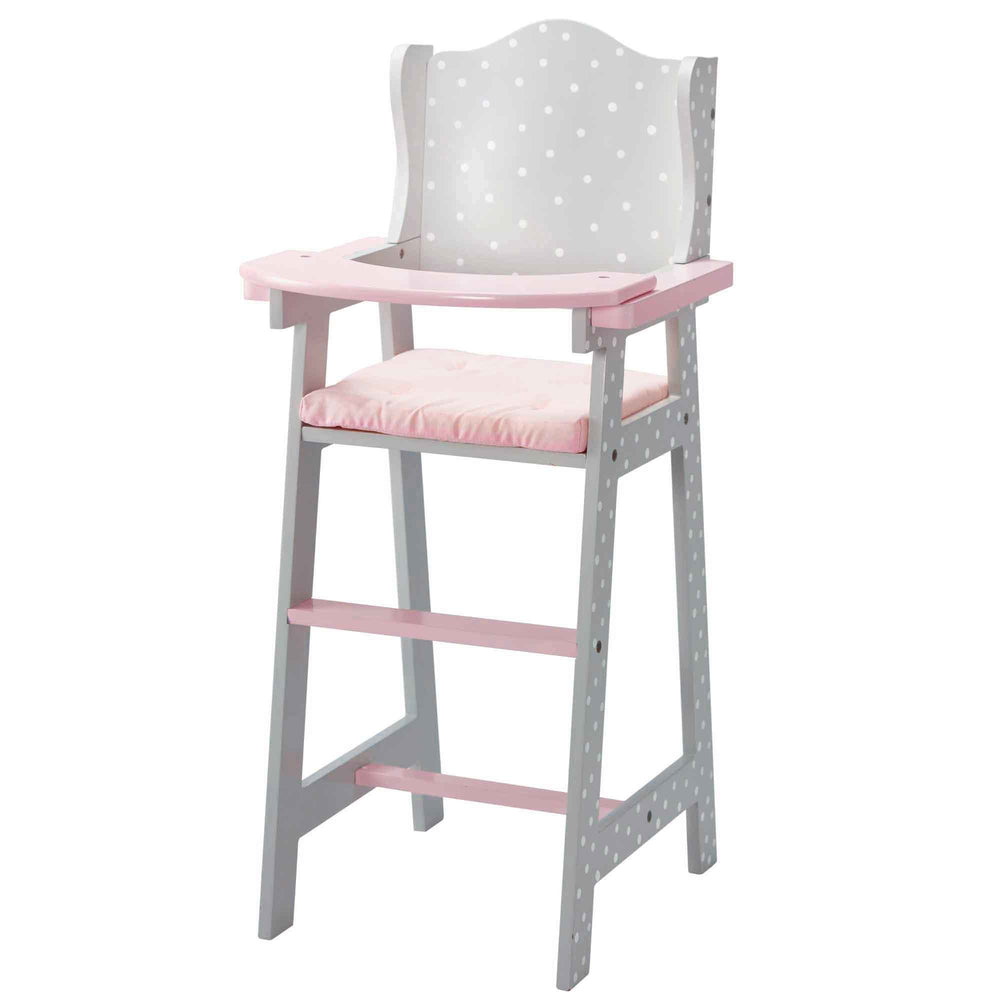 A pink and grey with white polka dots baby doll high chair.