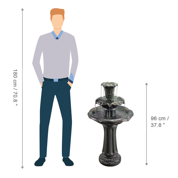 A comparison between the Teamson Home Outdoor Lily Flower Stone 3-Tier Water Fountain, and a man of average height, in inches and centimeters